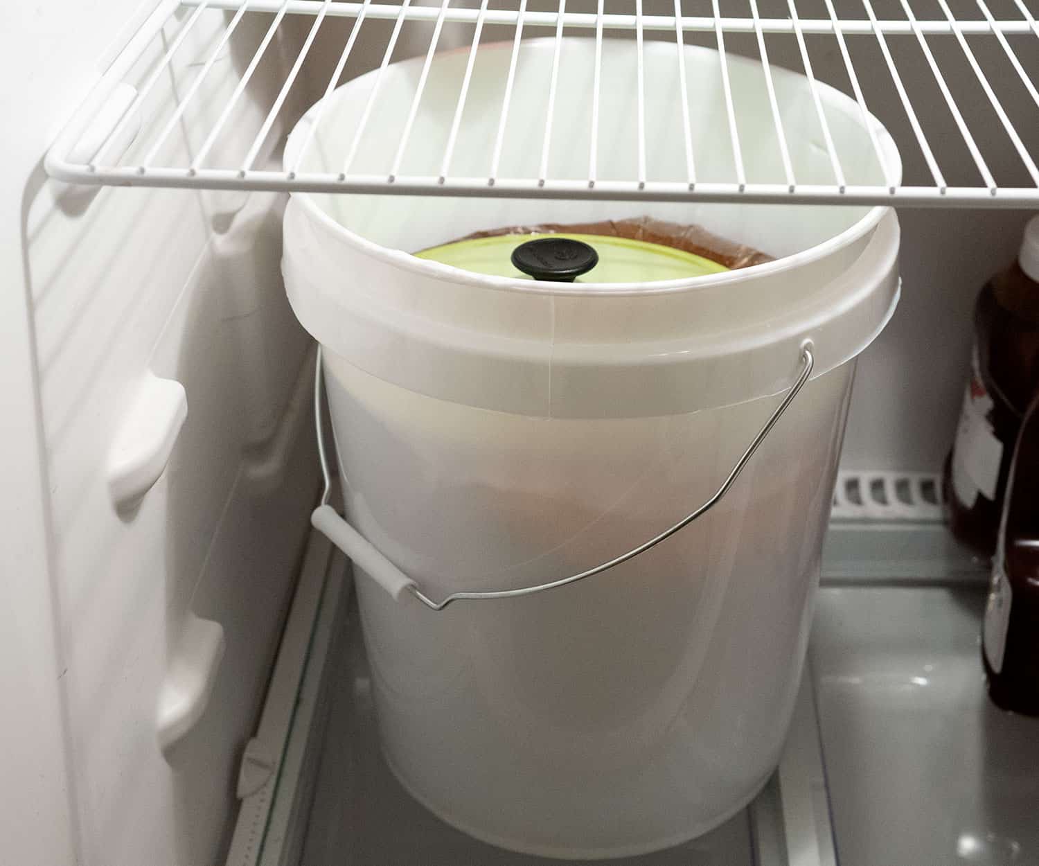 bucket in fridge with turkey brining