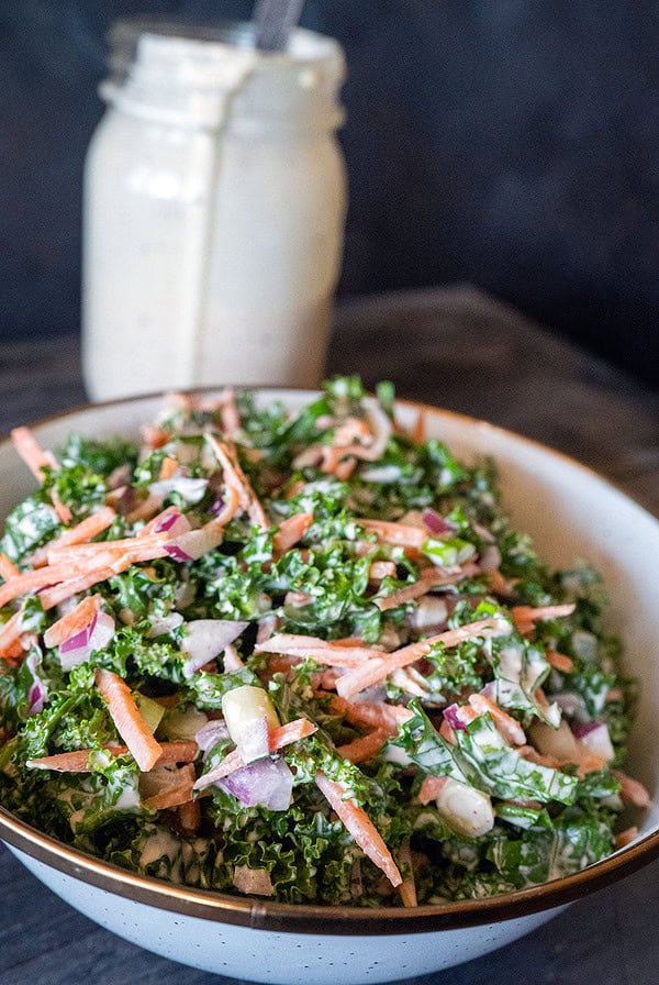 kale slaw with dressing.