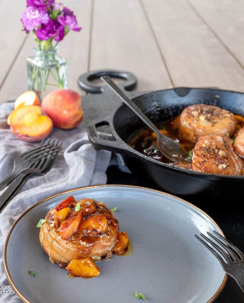 Smoked Whiskey Peach BaconWrapped Pork Loin Filets Girls Can Grill