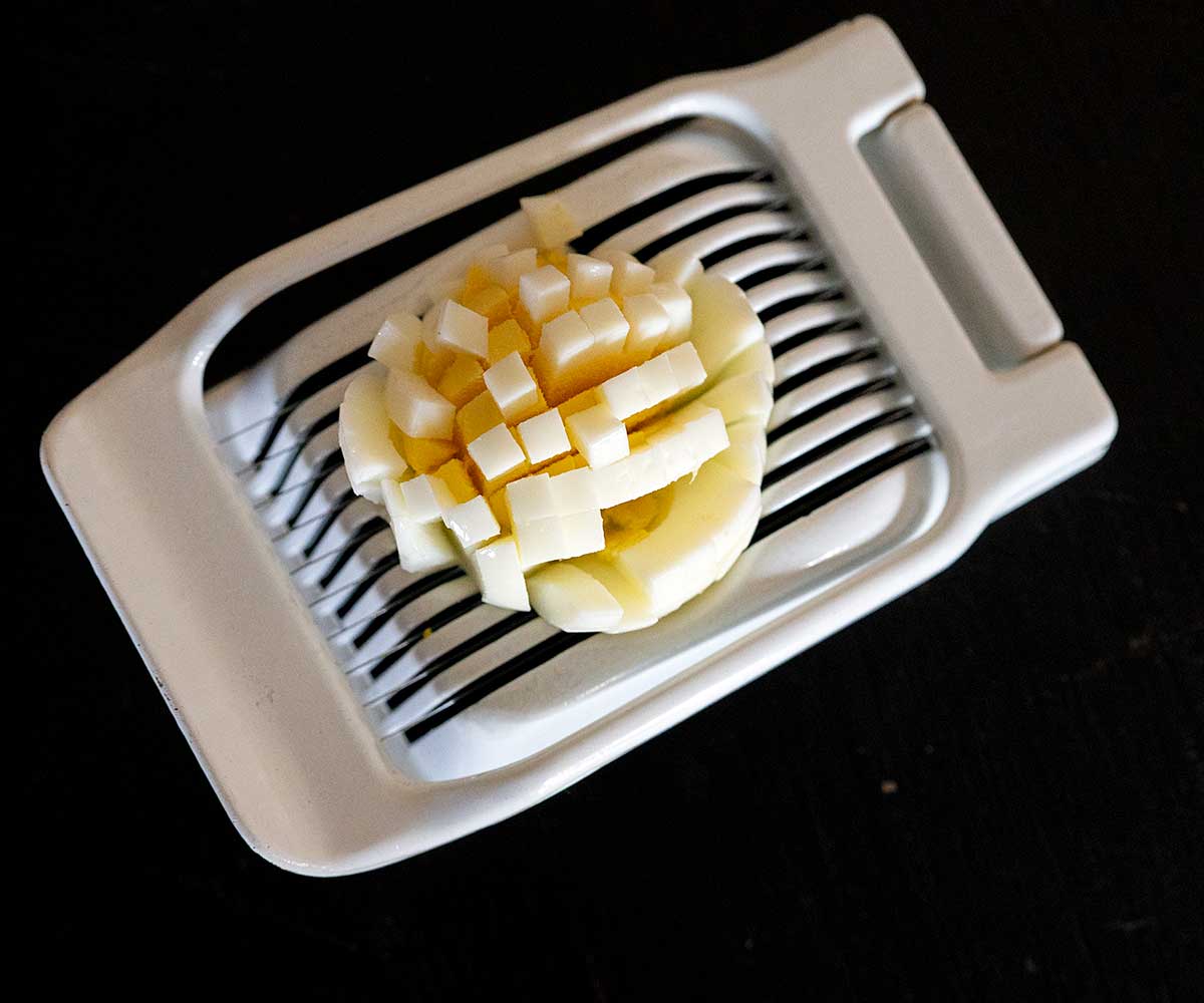 hardboiled egg chopped in egg slicer