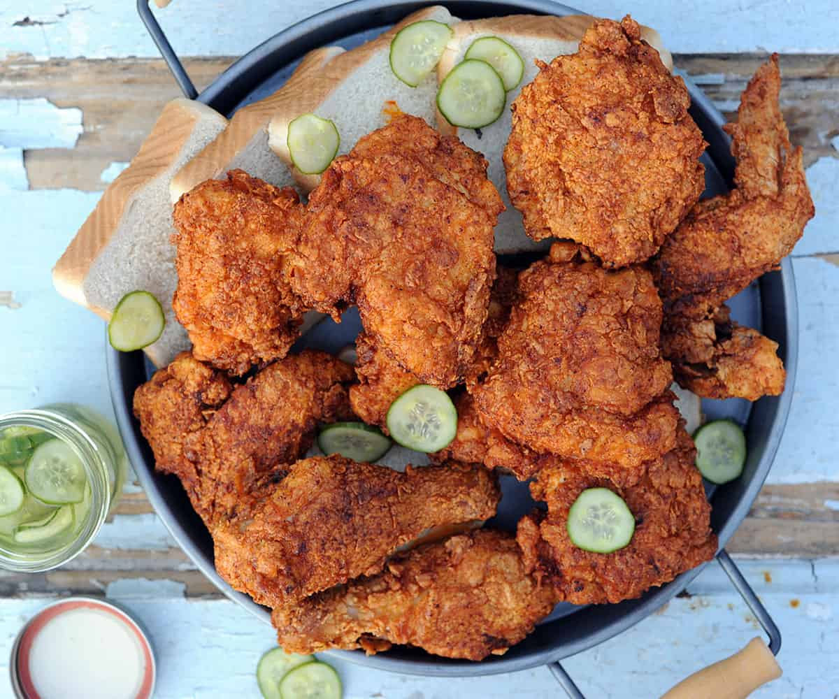 platter of fried Nashville hot chicken