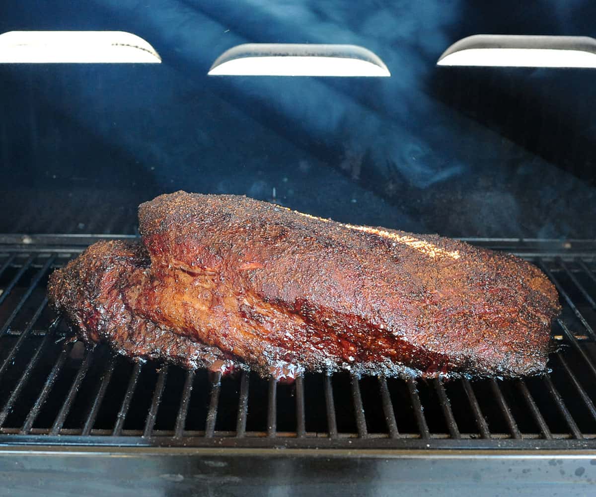 smoked brisket on a pellet grill.