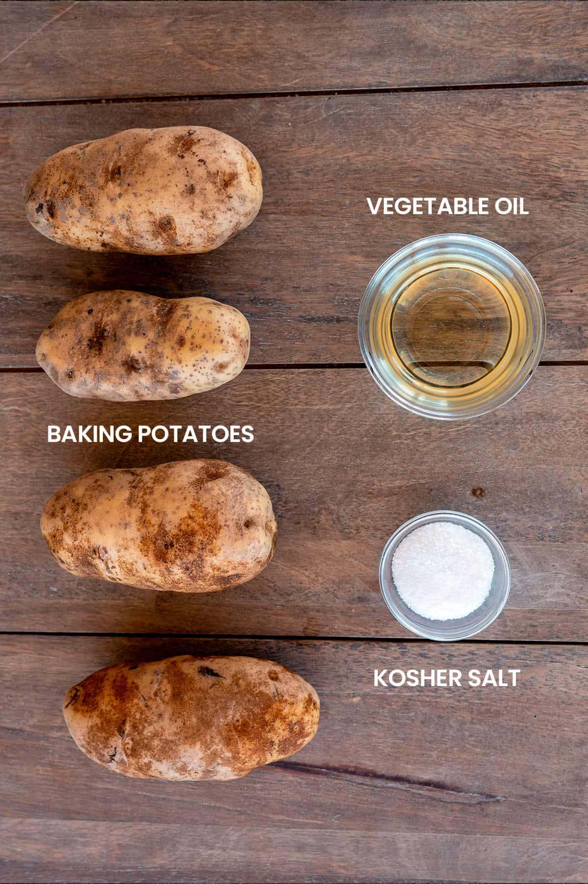 baked potatoes ingredients: Russet potato, vegetable oil, kosher salt.