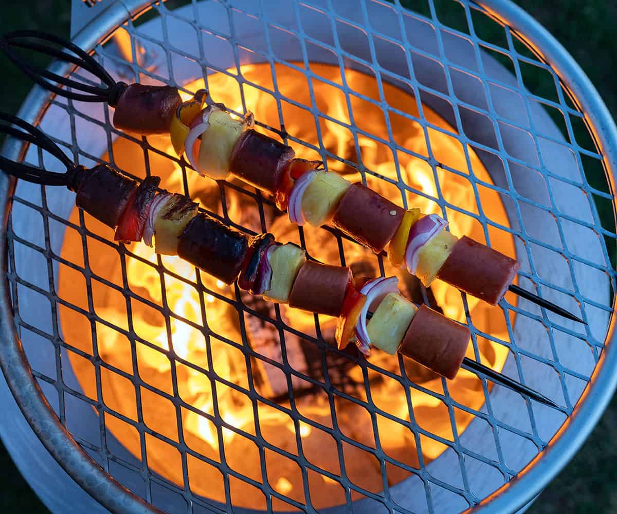 2 kabobs grilling over fire.