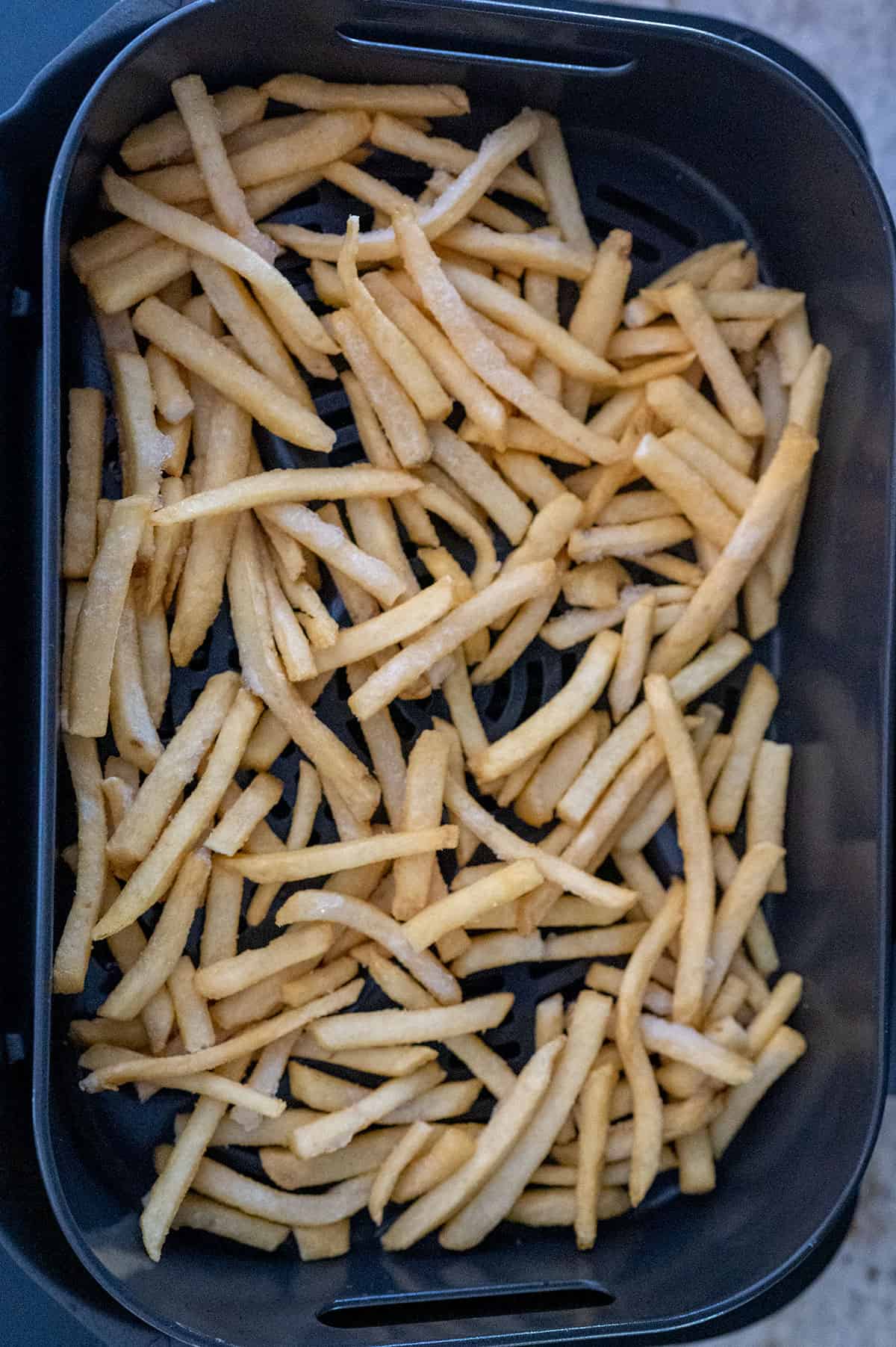 raw fries in Ninja Grill air crisper basket.