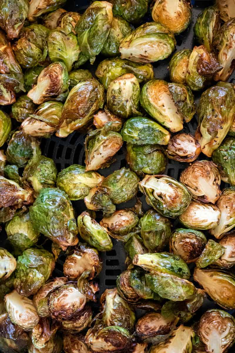 grilled brussels sprouts in air crisper basket.
