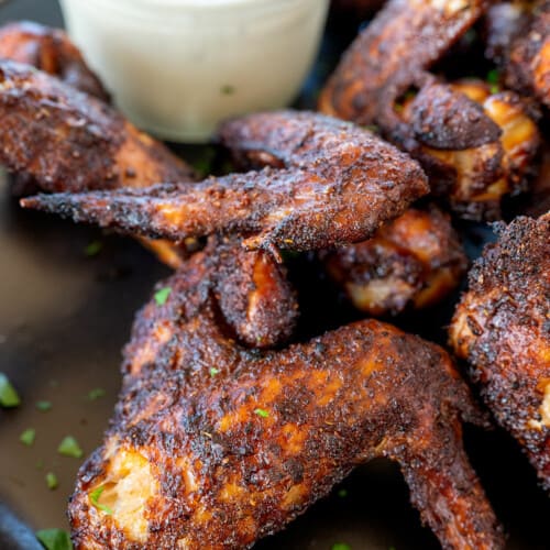 close up of crispy chicken wings.