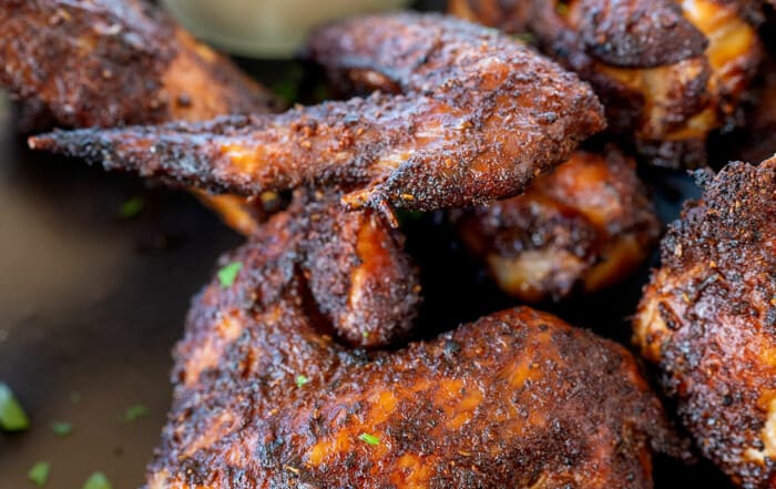 close up of crispy chicken wings.