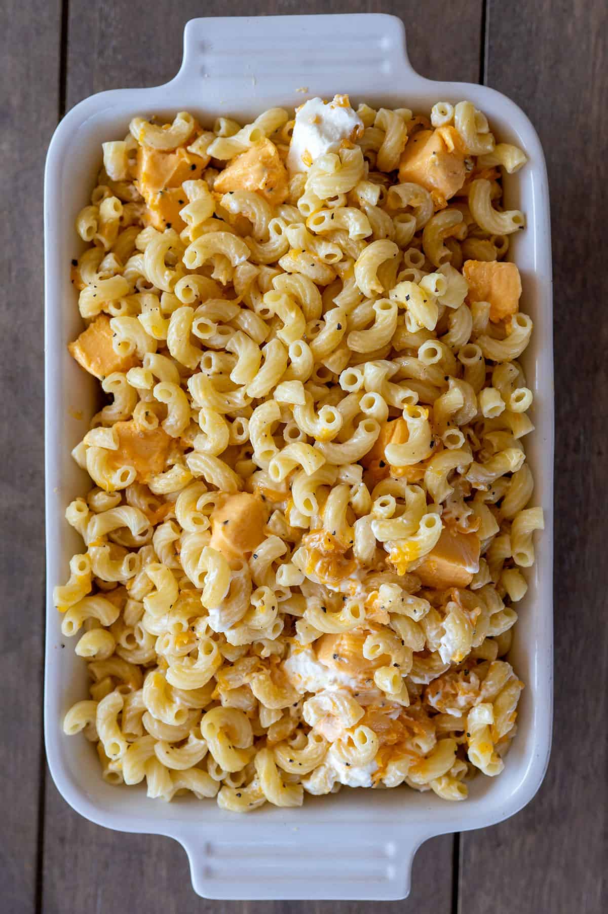 Smoked Mac and Cheese ingredients in dish.