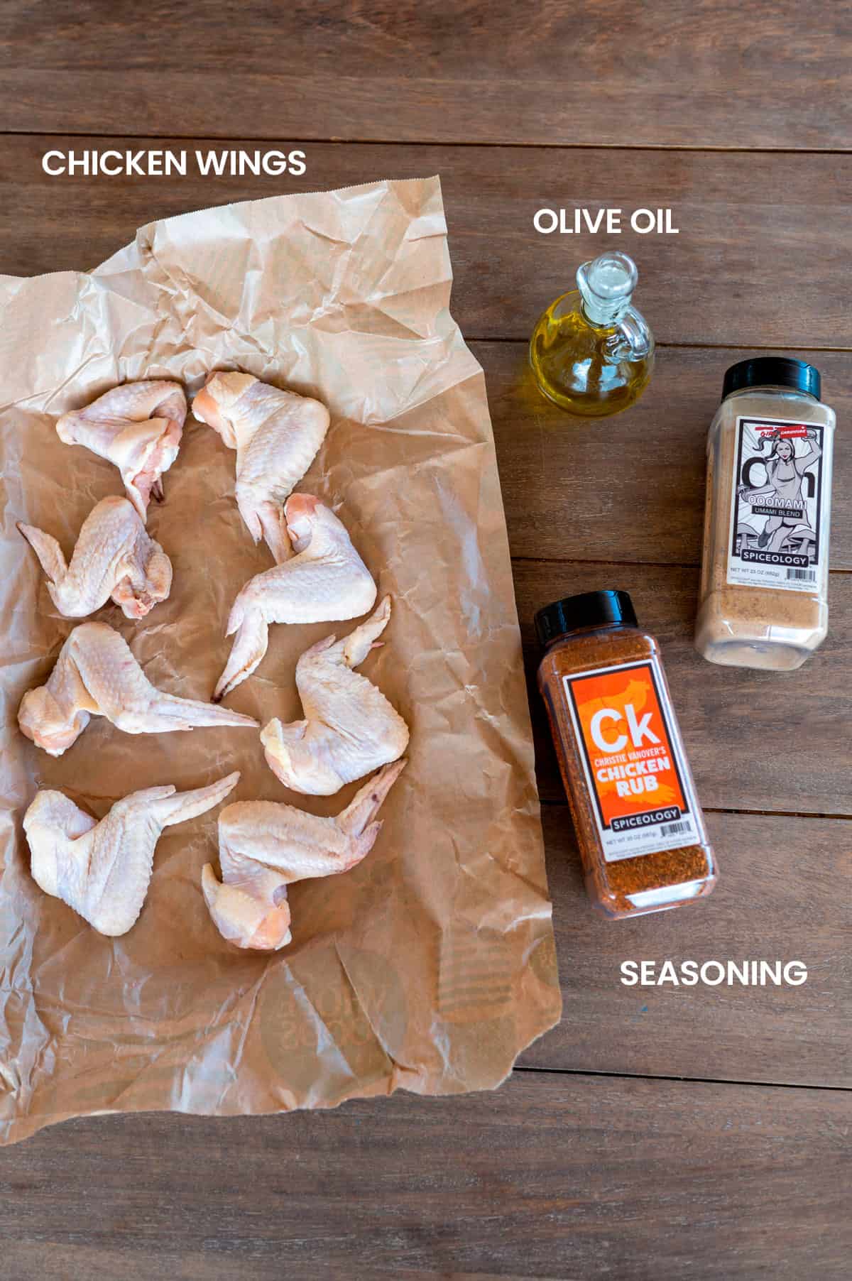 chicken wings ingredients: chicken wings, olive oil, seasoning.