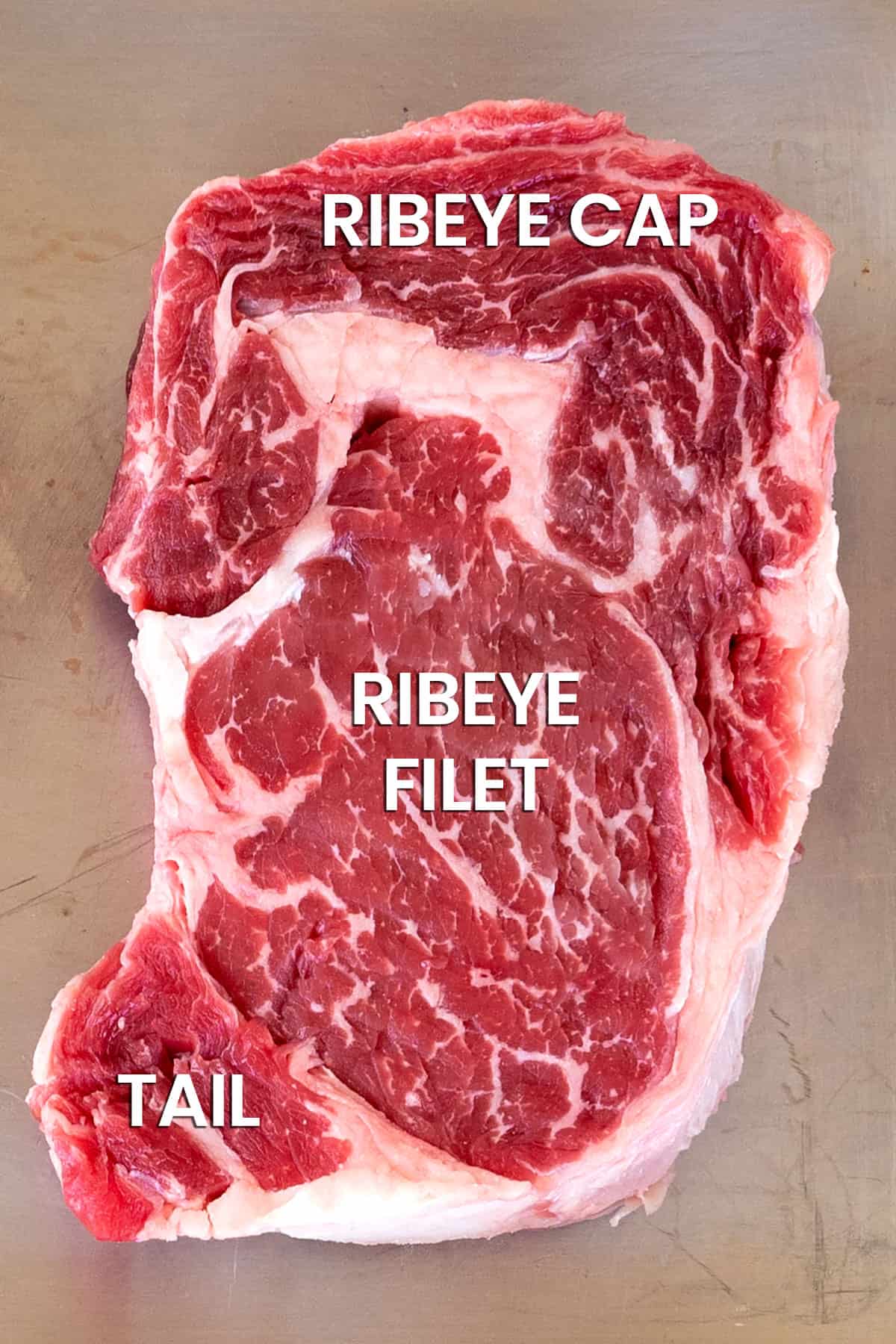 parts of a ribeye: cap, filet, tail
