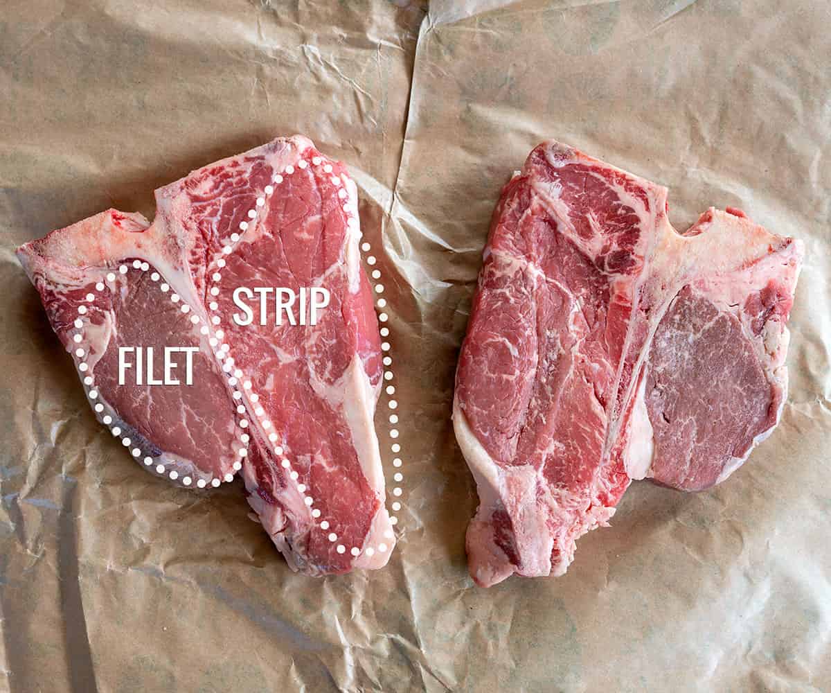 filet steak shown on left of T-bone. Strip steak shown on right of T-bone.