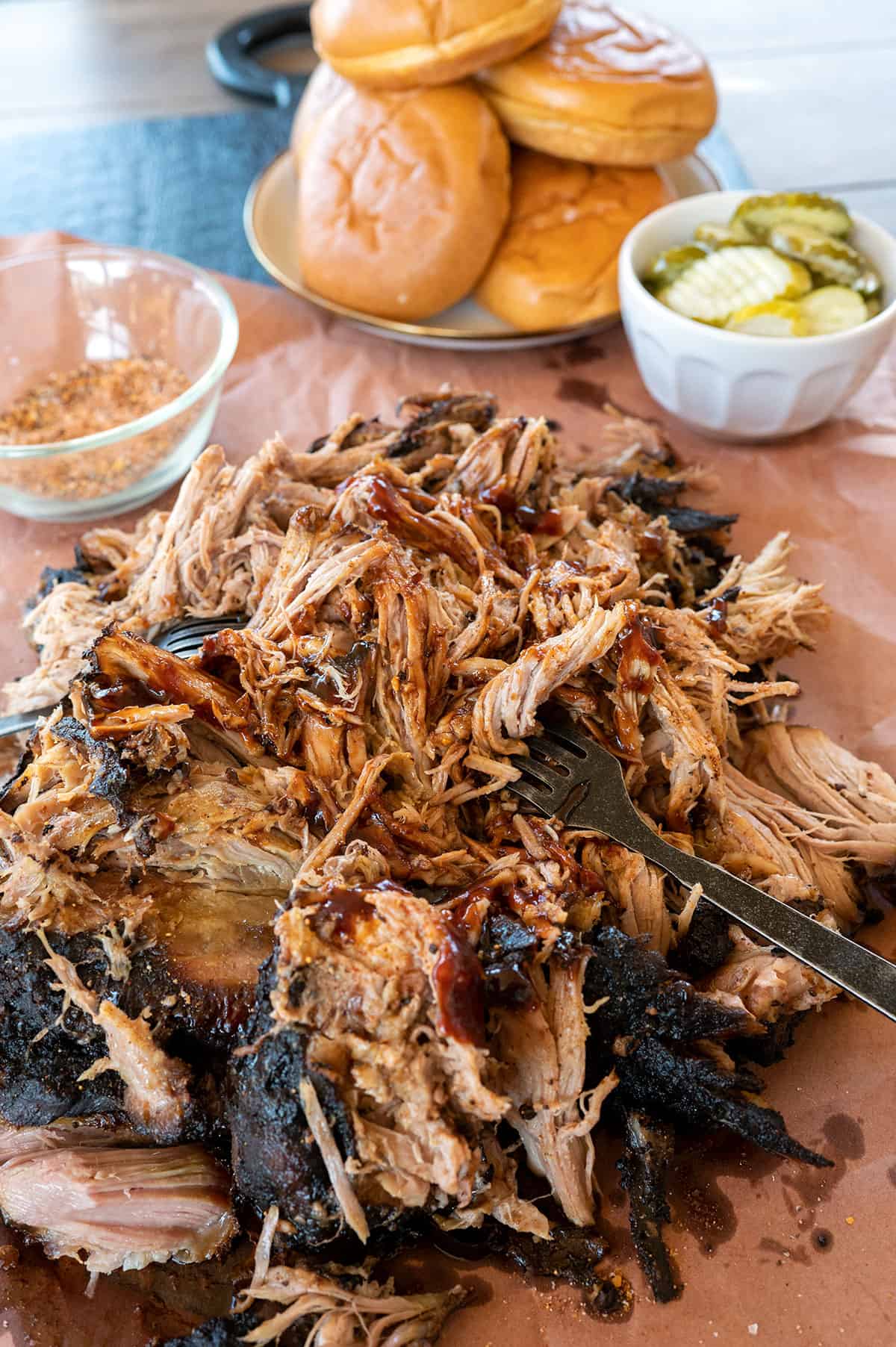 platter of pulled pork cooked on the Ninja Woodfire Grill.