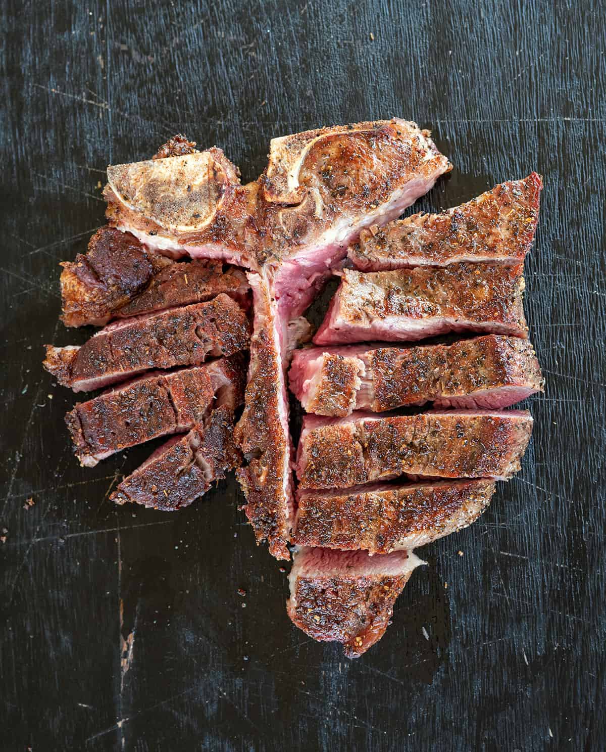 porterhouse steak sliced.