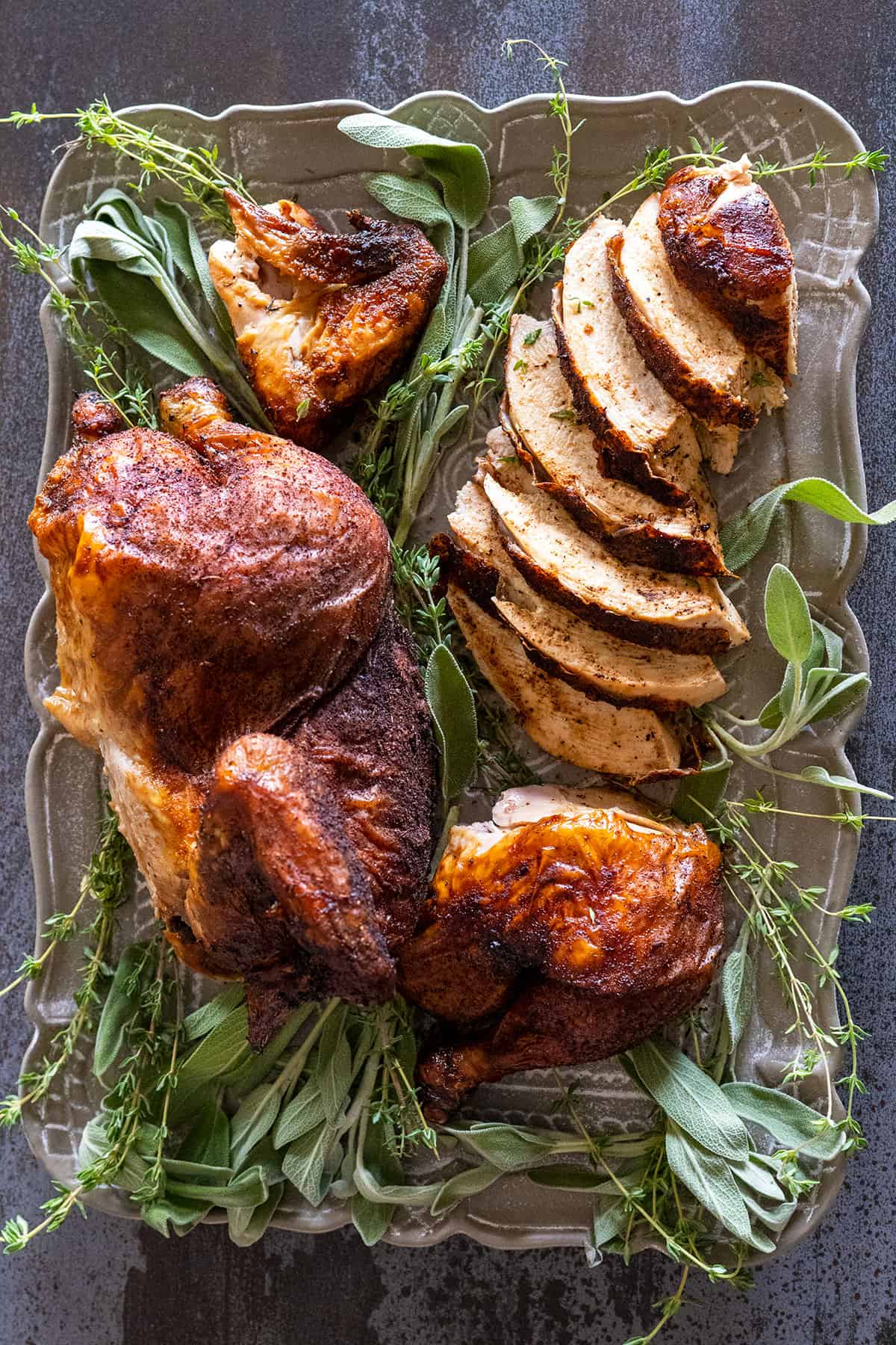 platter of sliced smoked chicken.
