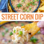 chip dipping into bowl of street corn dip.