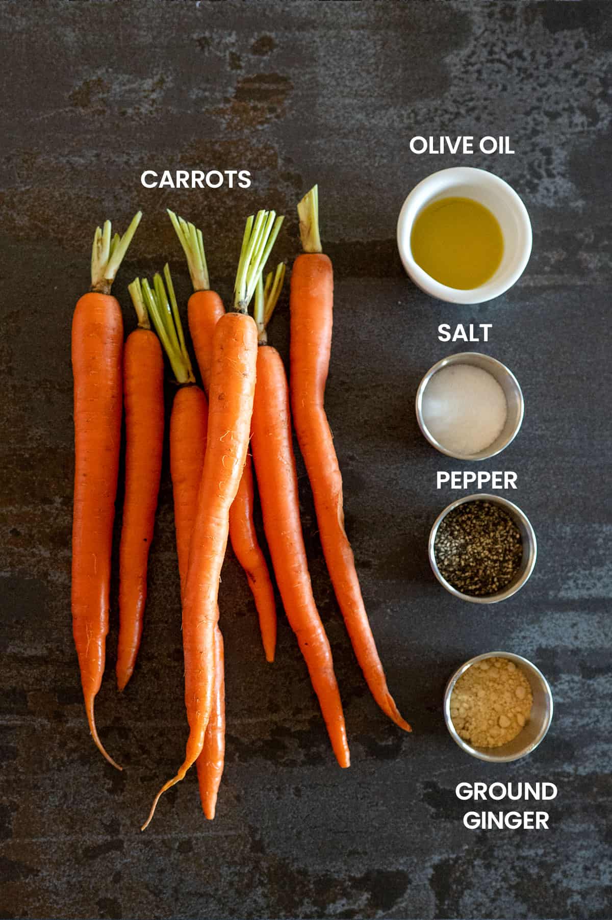 grilled carrots ingredients: Carrots, olive oil, salt, pepper, ground ginger.