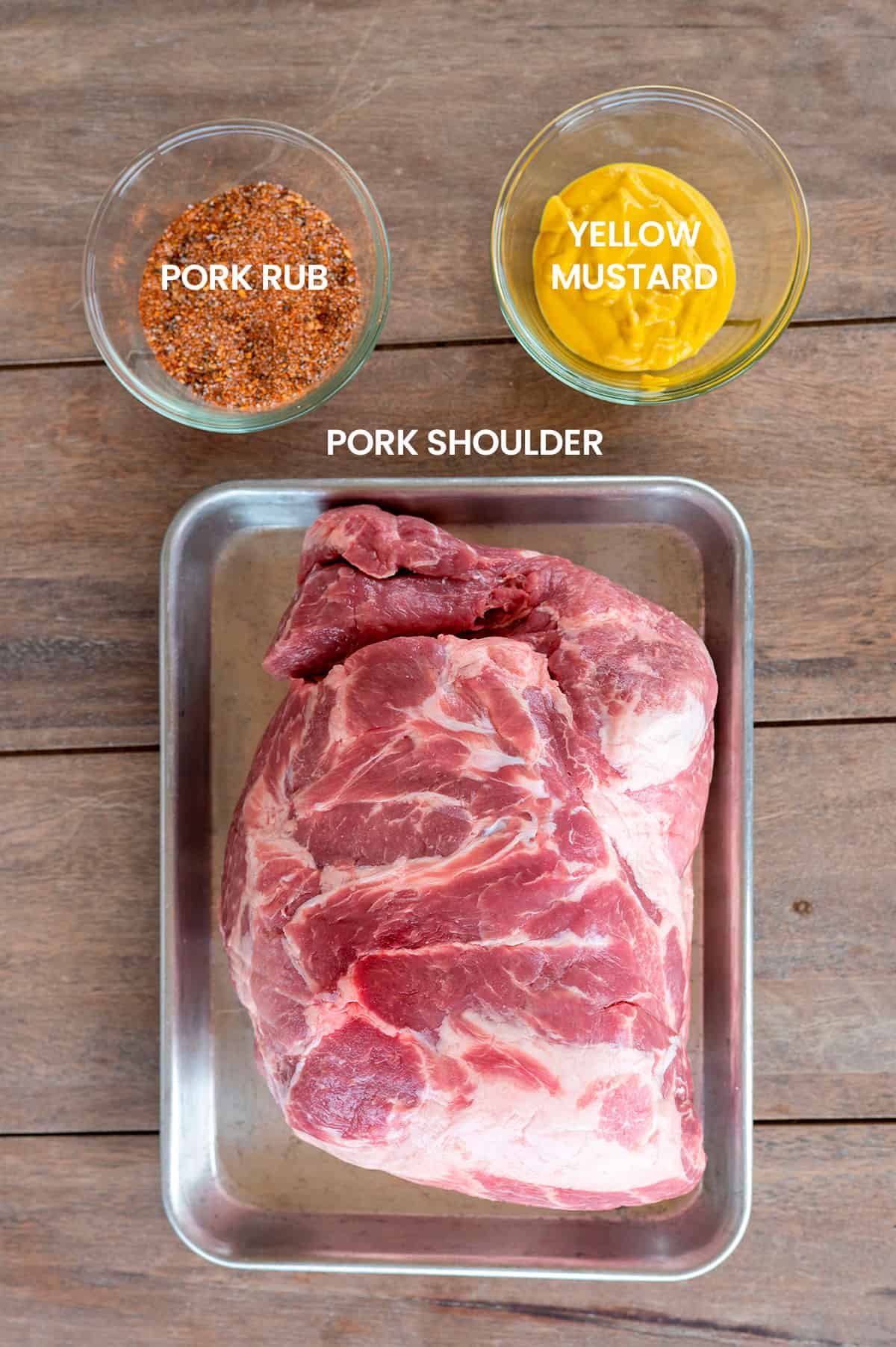 pulled pork ingredients: pork shoulder, pork rub, yellow mustard.