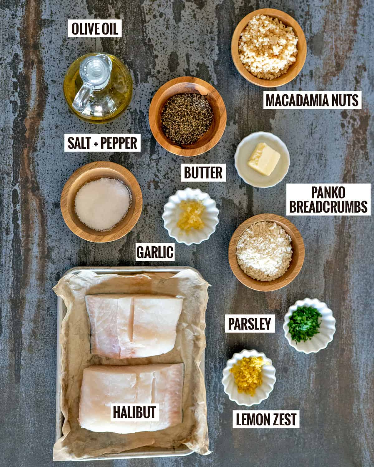 ingredients: butter, olive oil, garlic, panko, macadamia nuts, lemon, parsley, salt, pepper, halibut.