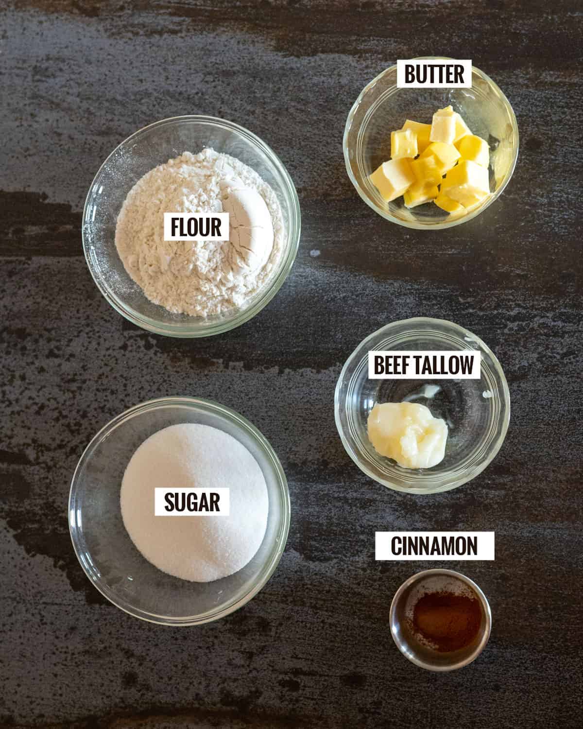 crumble topping ingredients: flour, butter, sugar, beef tallow, cinnamon.