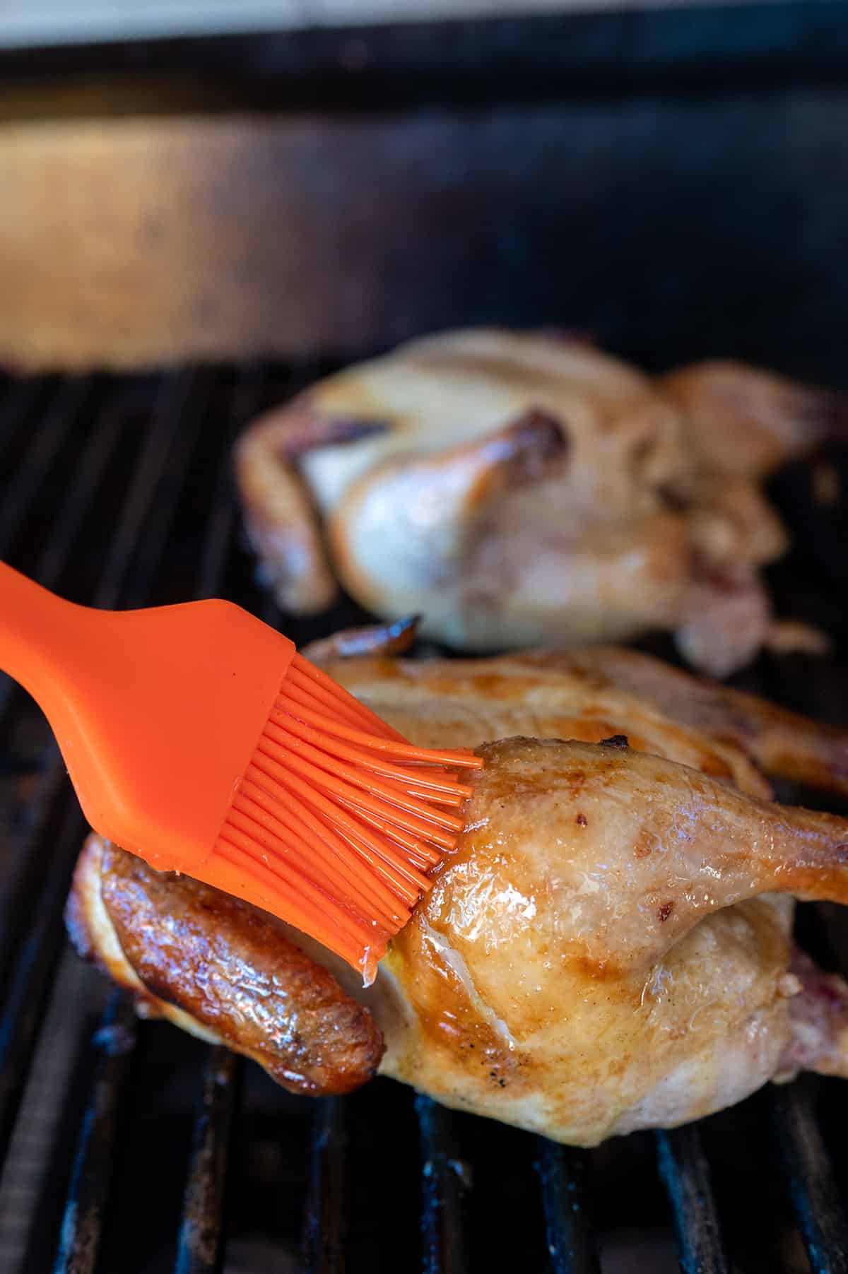 basting cornish hen on grill.