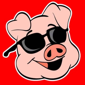 pink cartoon pig on red background.