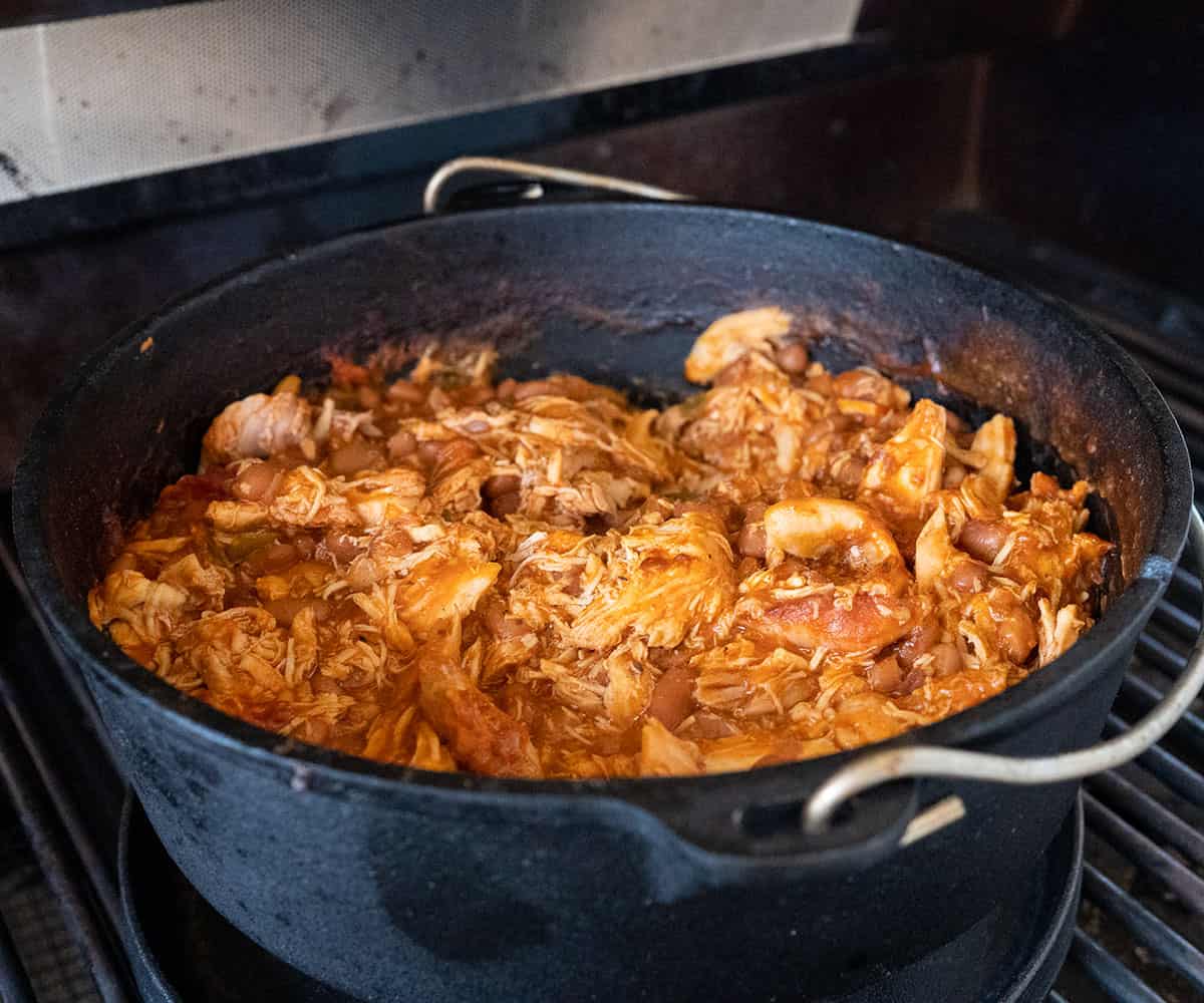 southwest chicken chili cooking on grill.
