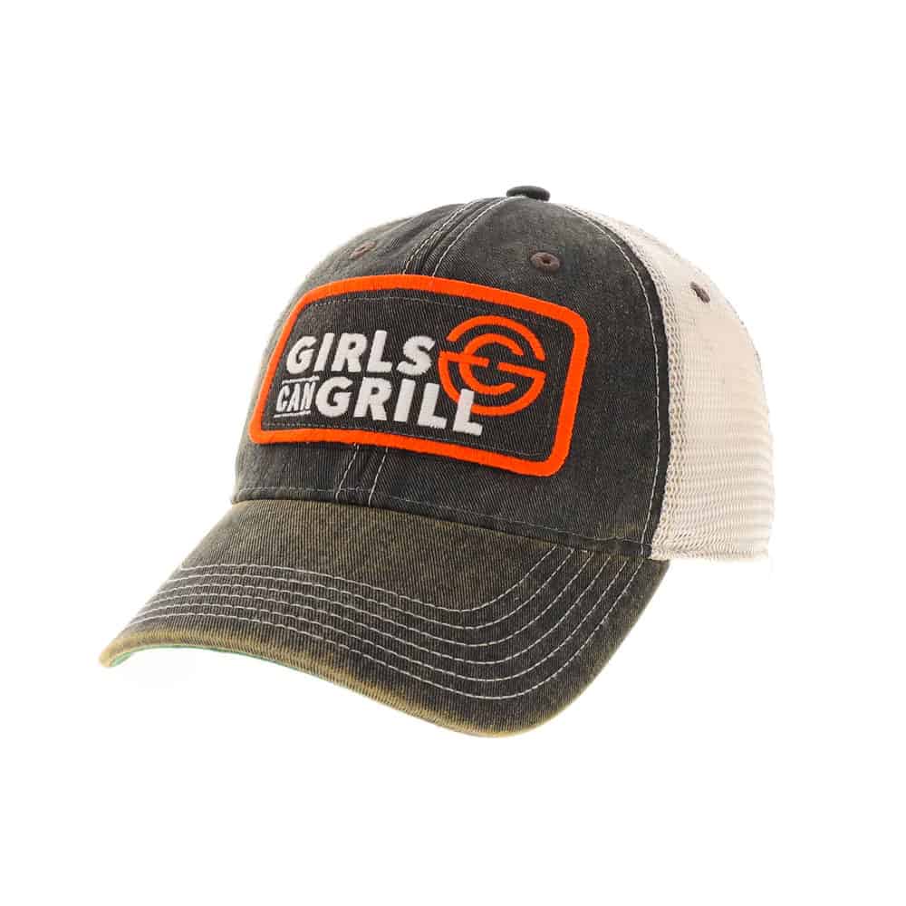 charcoal trucker hat that says girls can grill.