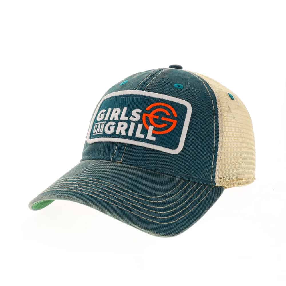 teal trucker hat that says girls can grill.