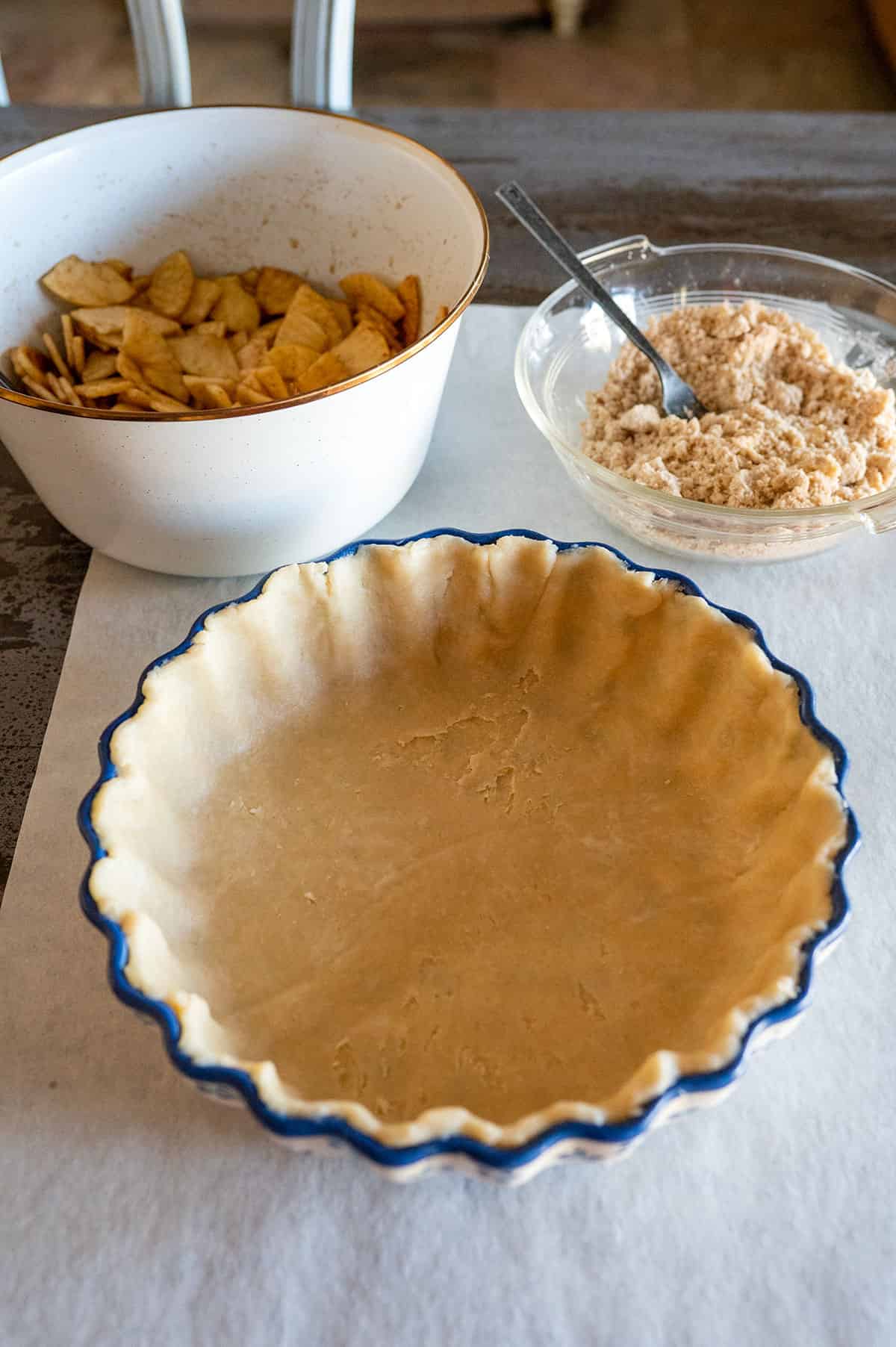 pie crust formed in pie tin.