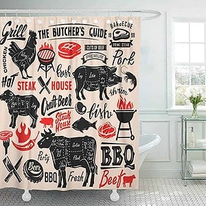 shower curtain with different meat cuts on it.