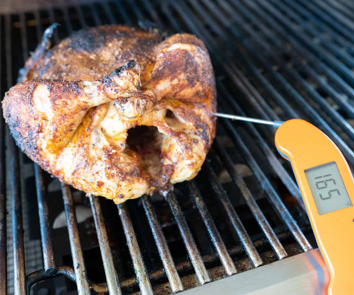 thermometer showing internal meat temperature of whole chicken at 165F degrees.