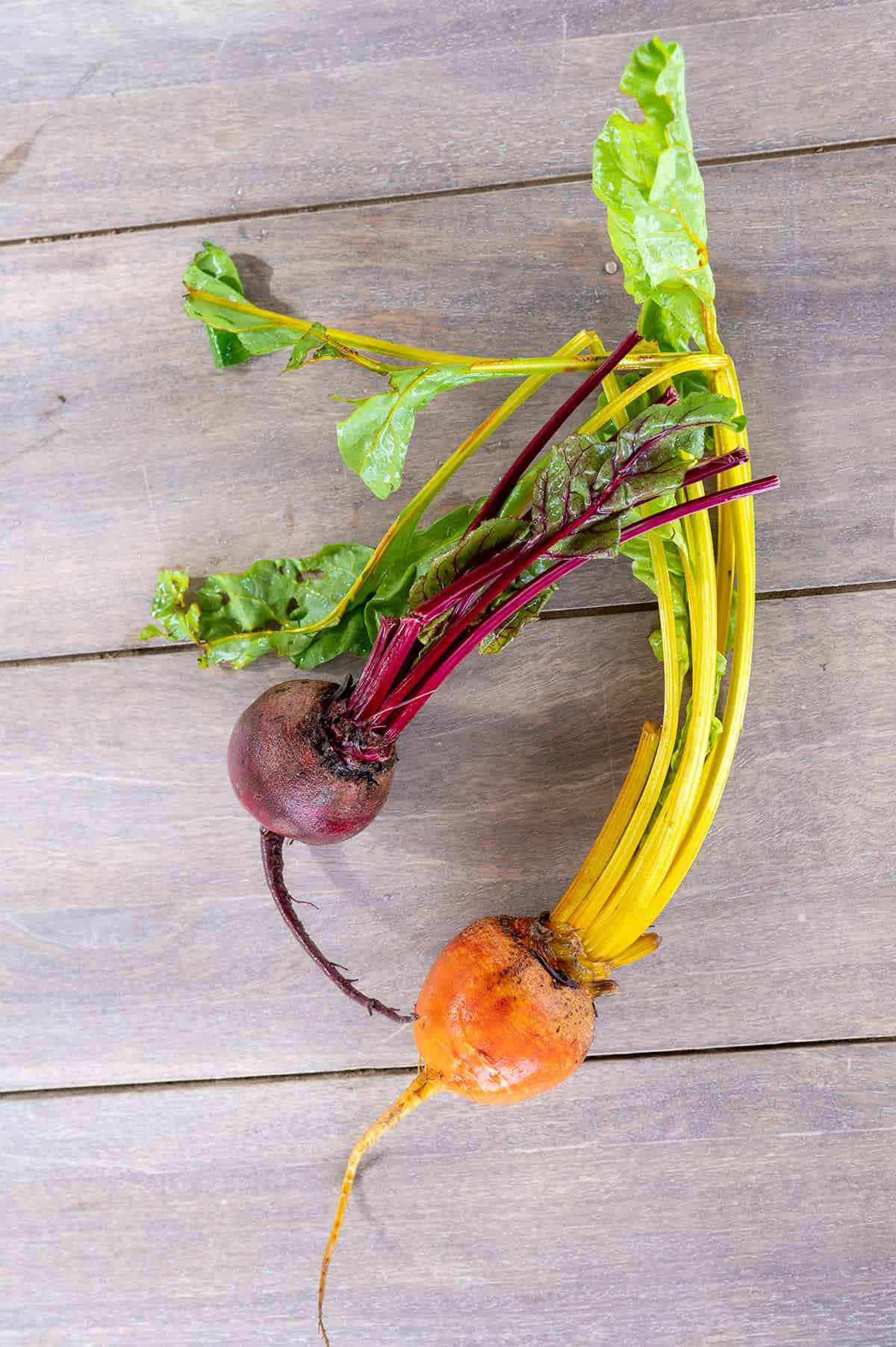 raw purple and golden beet with stems.
