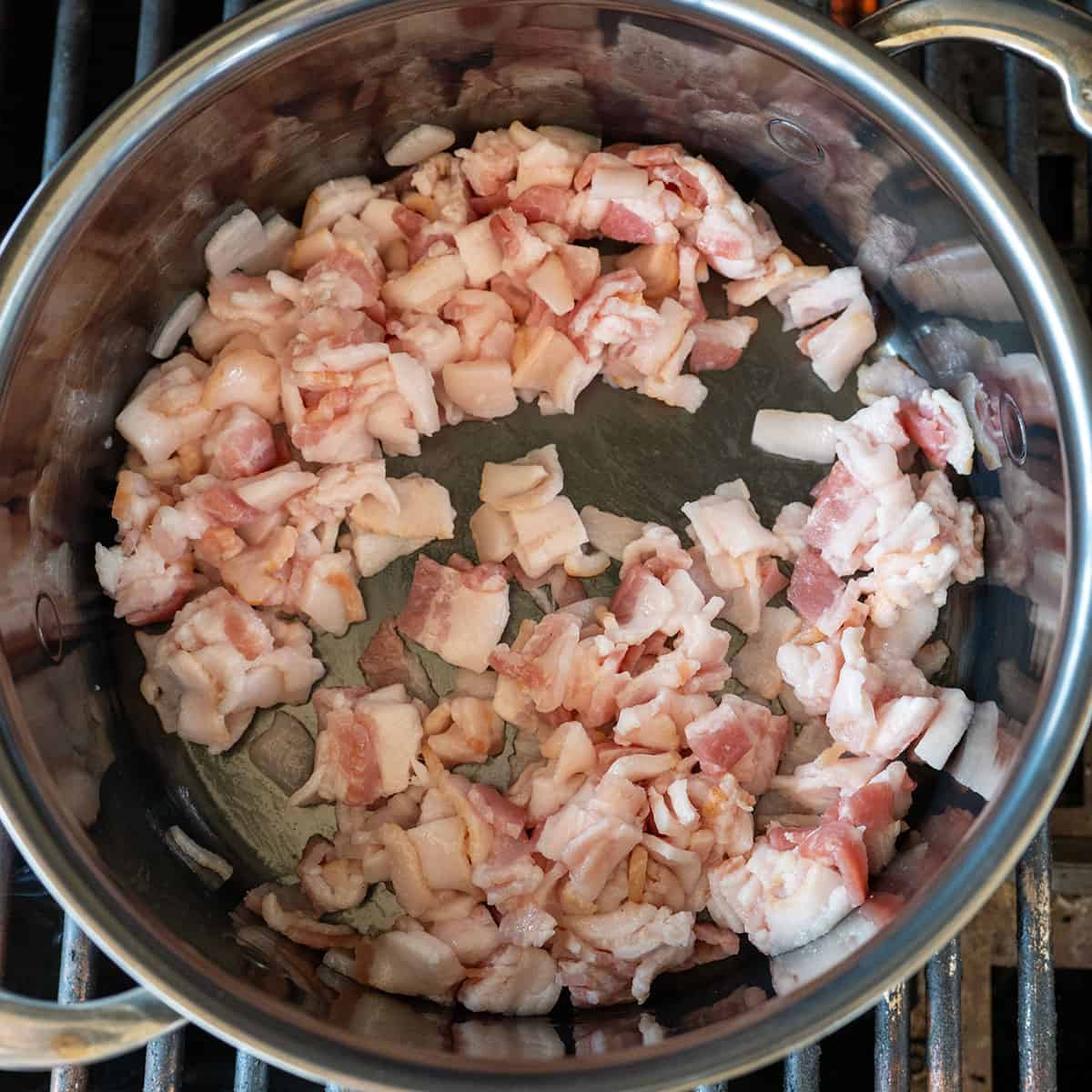 raw diced bacon in pot.
