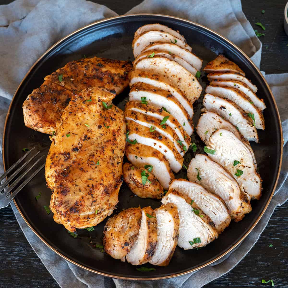 plate of sliced grilled chicken breast.