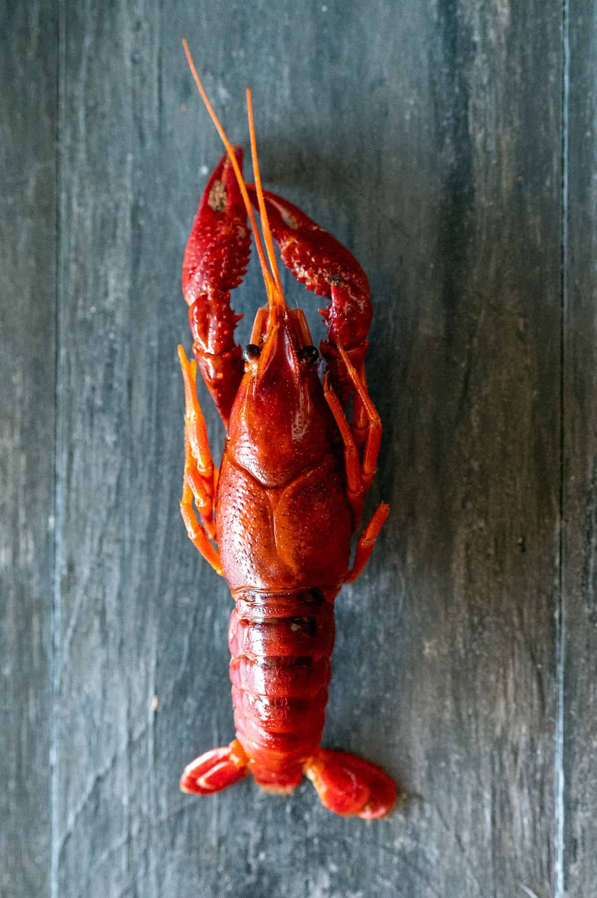cooked crawfish on wooden board.