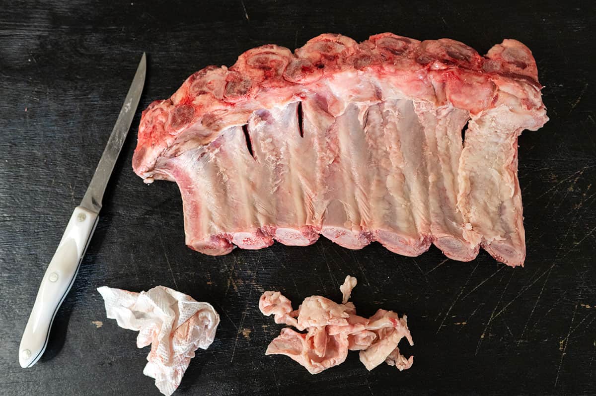 membrane removed from back side of beef back ribs.