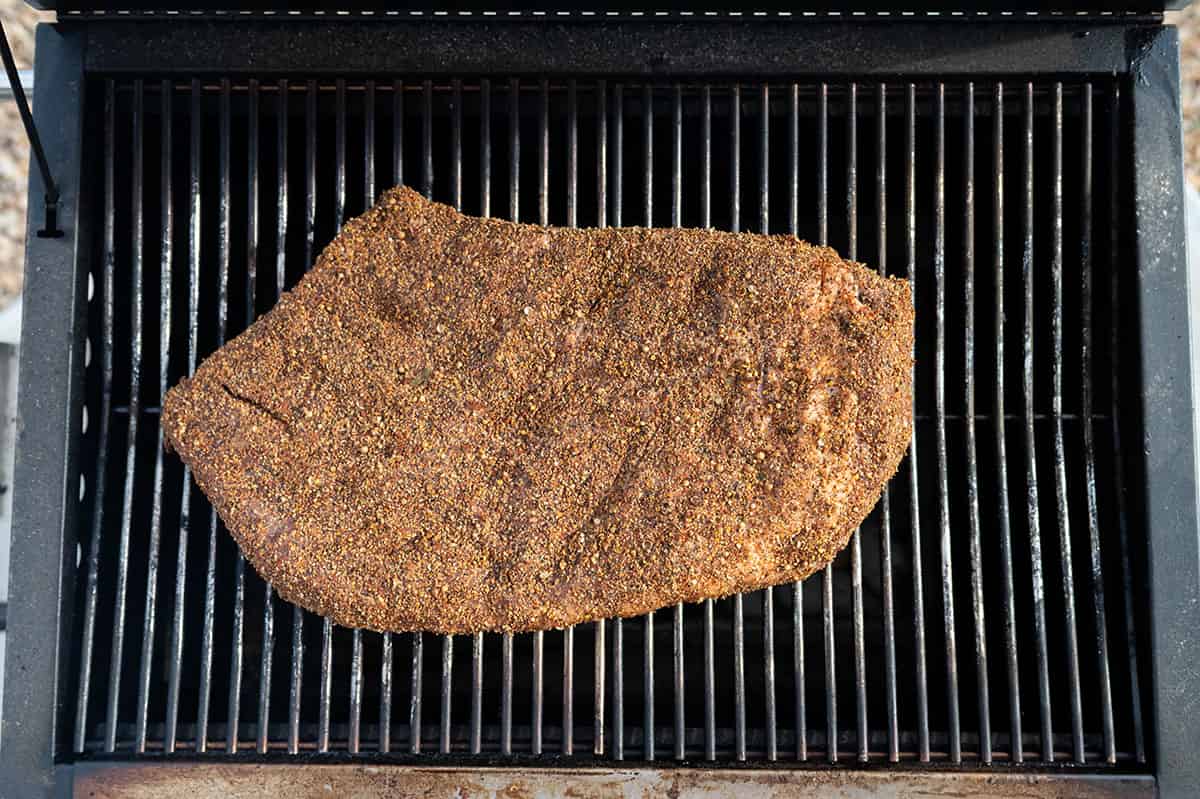corned beef brisket on smoker. 