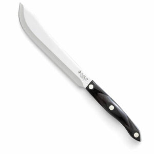 butcher's knife with black handle.