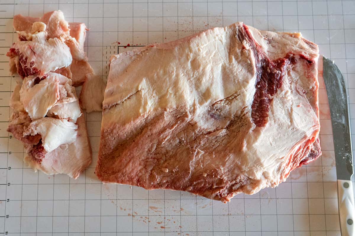 fat cap on brisket flat reduced to 1/4 inch thickness.