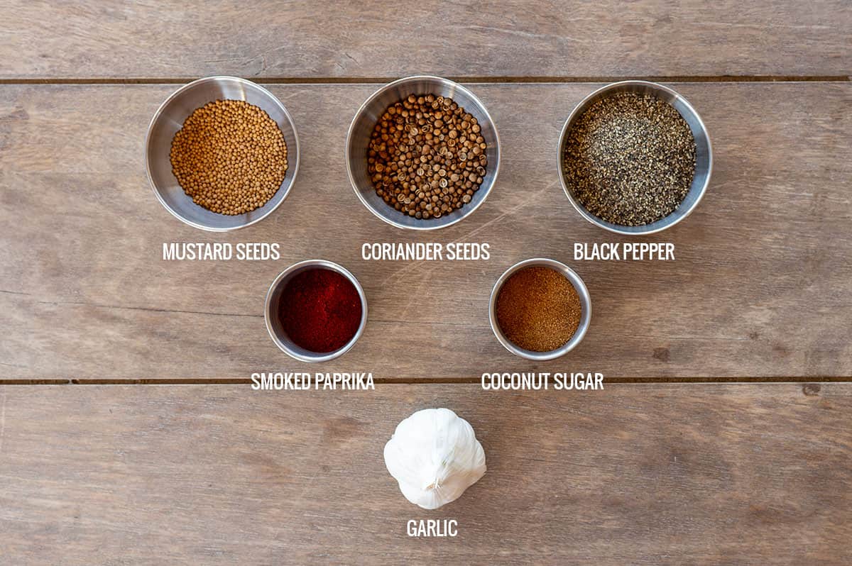 Pastrami Rub Ingredients: Mustard seeds, coriander seeds, black pepper, smoked paprika, coconut sugar, fresh garlic.