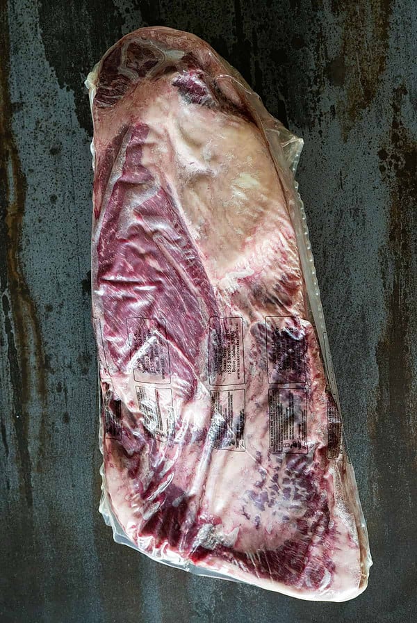 Snake River Farms Wagyu Gold brisket in packaging (meat side)