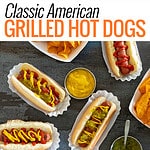 multiple hot dogs topped different ways.