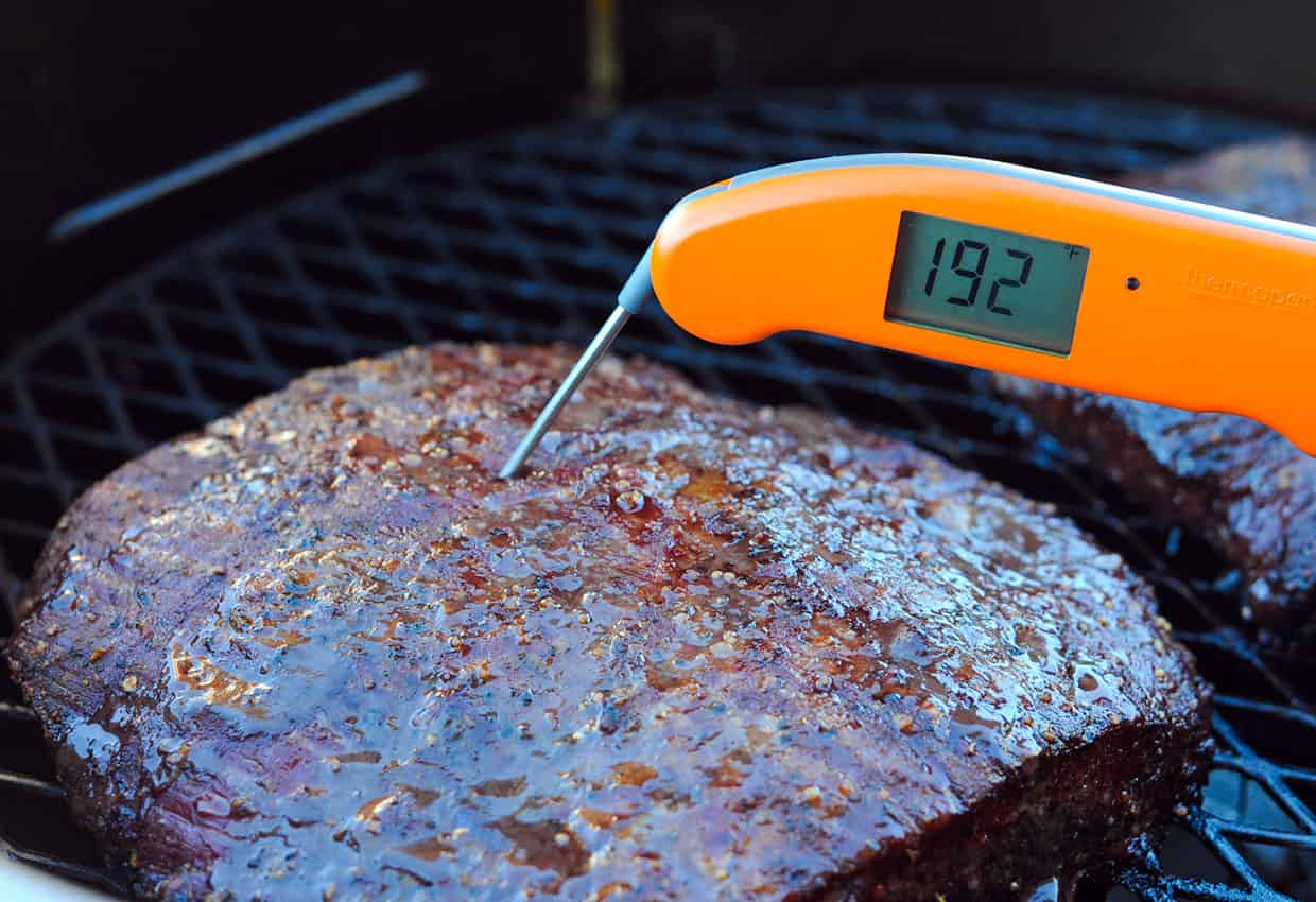 meat thermometer measuring meat temp.