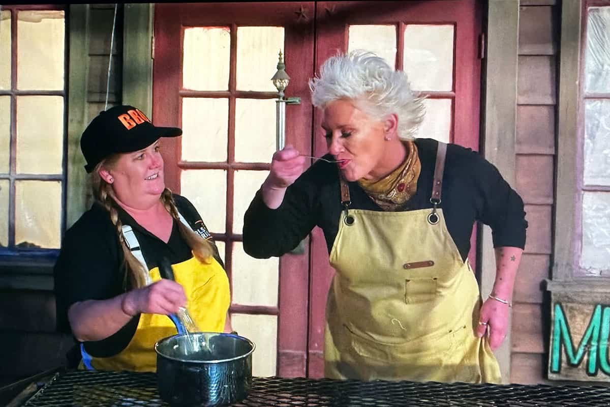 Chef Anne Burrell tastes Pitmaster Christie Vanover's sabayon. Food Network clip from BBQ Brawl.