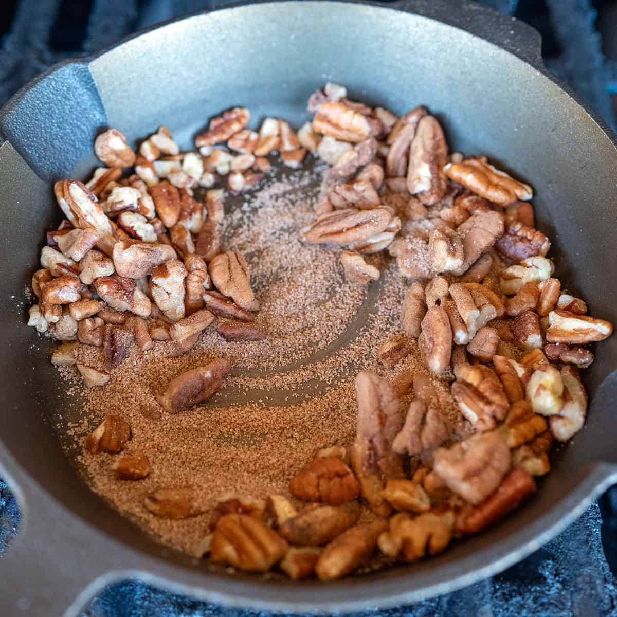 Pan with pecans and cinnamon sugar.