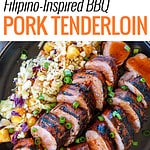 Filipino BBQ Pork Tenderloin sliced on platter with slaw.