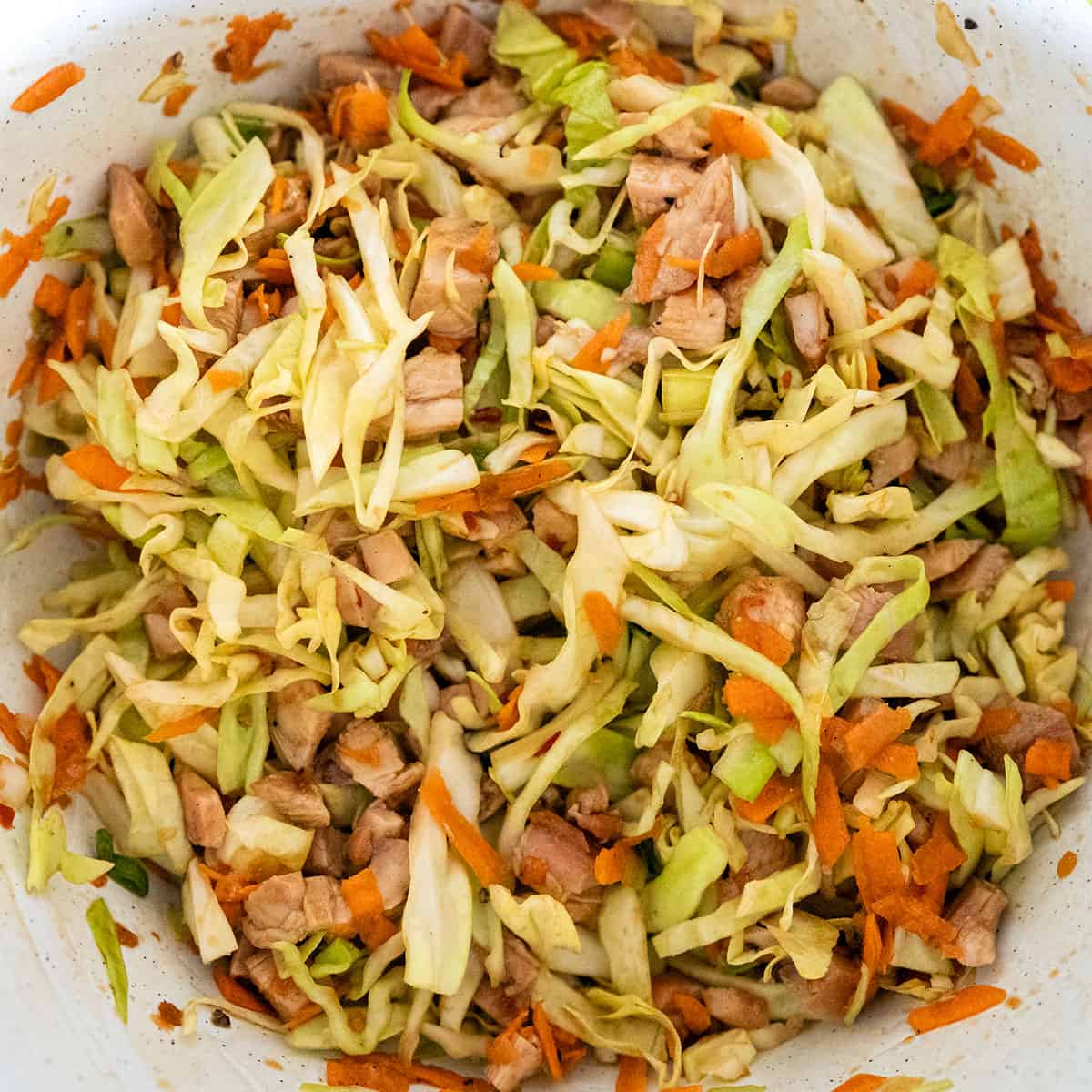 Shredded cabbage, carrots and green onions mixed with chopped chicken.