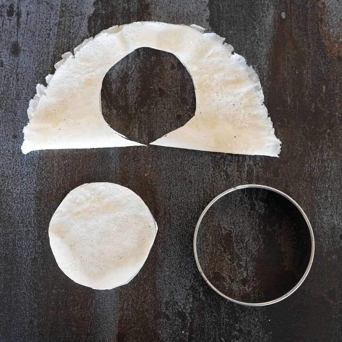 Small circle cut out of lumpia wrapper.