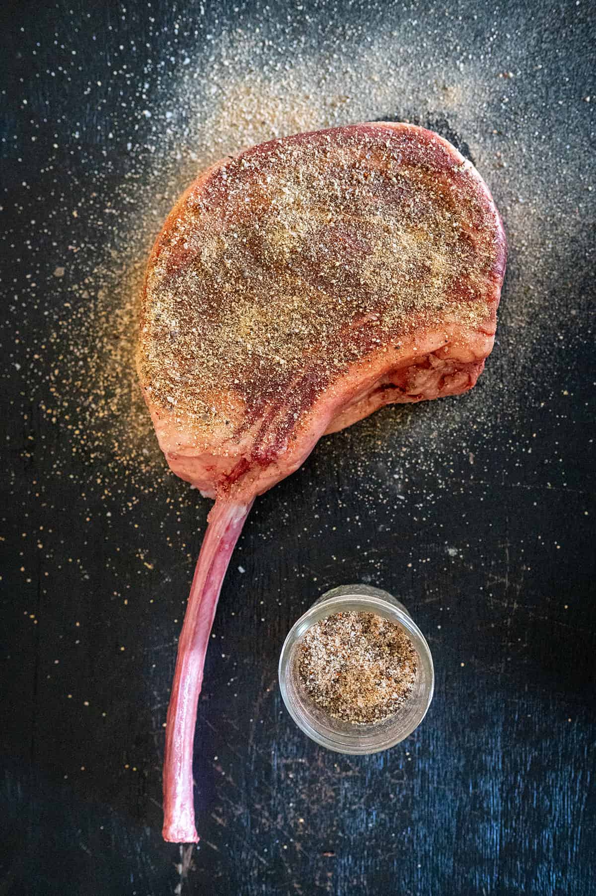 Seasoned tomahawk steak.